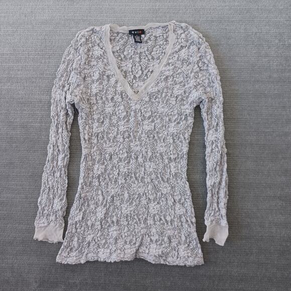 Y2K Evie S Gray Sheer Lace Floral Long Sleeve Casual Boho Whimsy V Neck Sheer - Picture 1 of 7